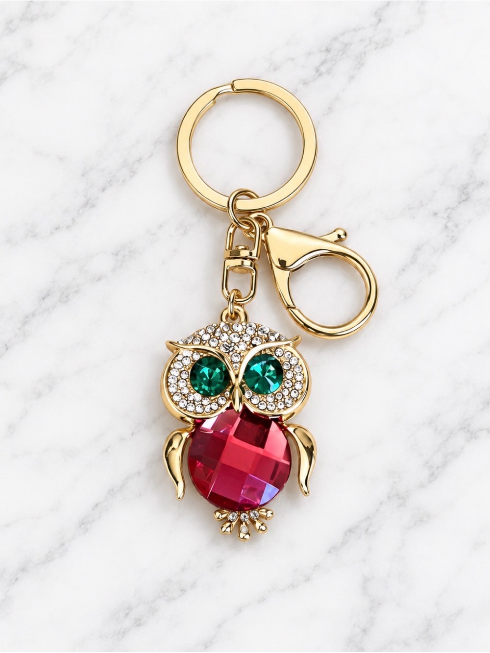 Bag Charm/Keyring-Red and White Rhinestoned Owl Charm-Gold Hardware